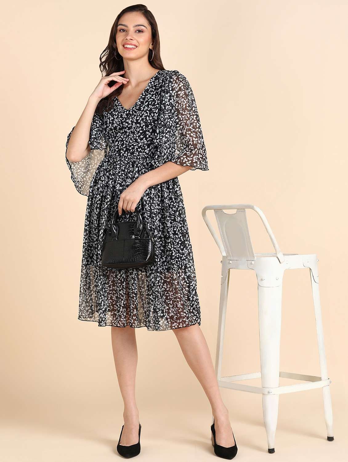women printed puff sleeves fit & flared dress - 21725801 - Standard Image - 3