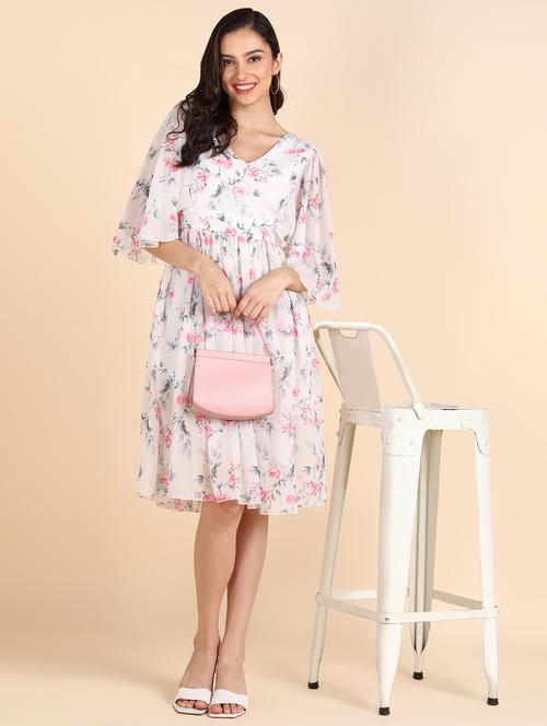 women printed puff sleeves fit & flared dress - 21725802 - Standard Image - 0