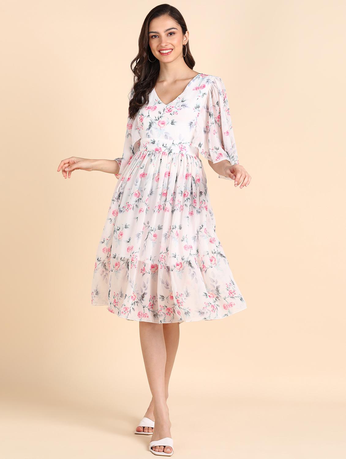 women printed puff sleeves fit & flared dress - 21725802 - Standard Image - 3