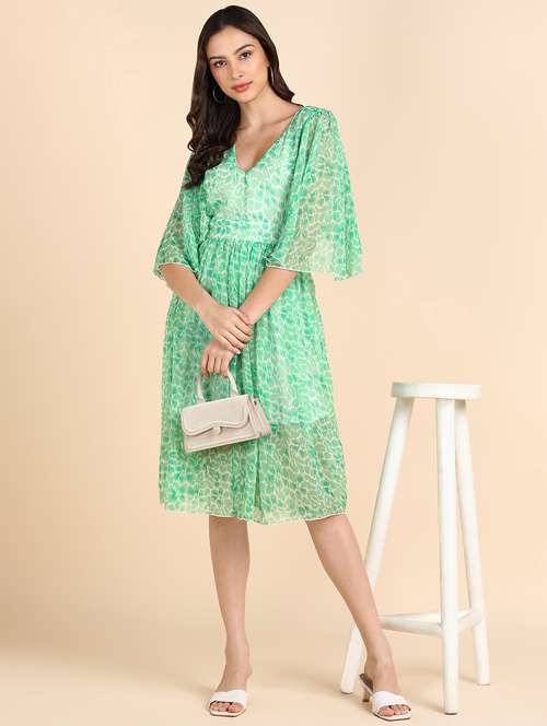 women printed puff sleeves fit & flared dress - 21725803 - Standard Image - 0