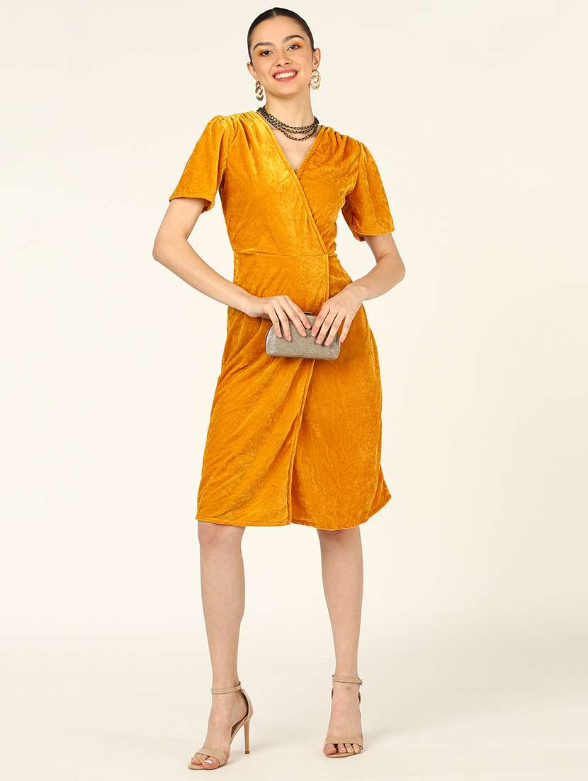 women solid puff sleeves wrap dress