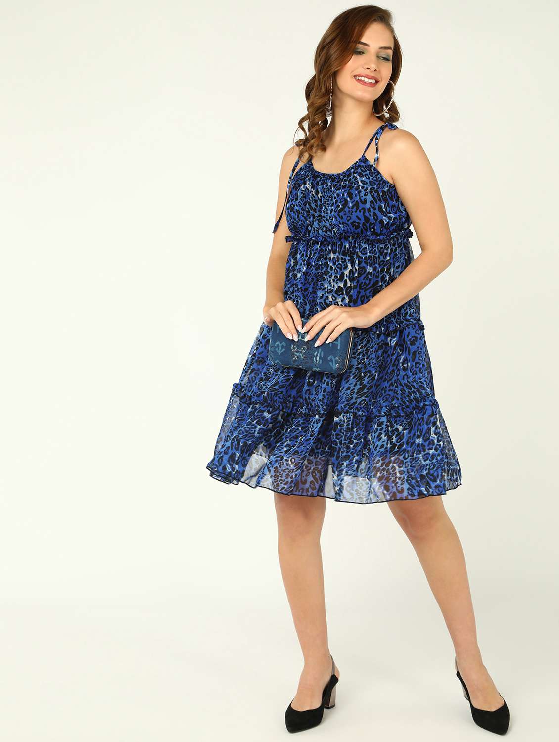 women animal print shoulder strap tiered dress