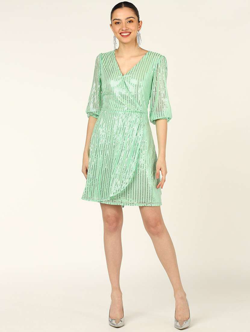 women sequined three quarter sleeves wrap dress