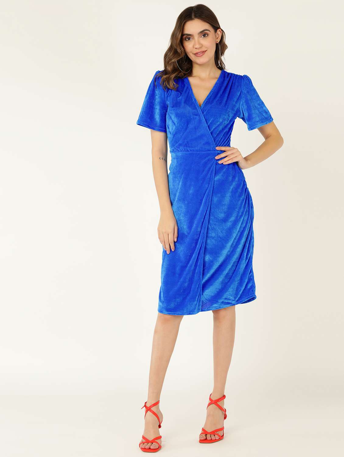 women solid puff sleeves wrap dress - 21725821 - Zoom Image - 0