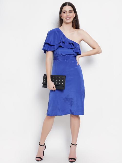 women solid ruffle detailed single shoulder dress - 21725859 - Standard Image - 0