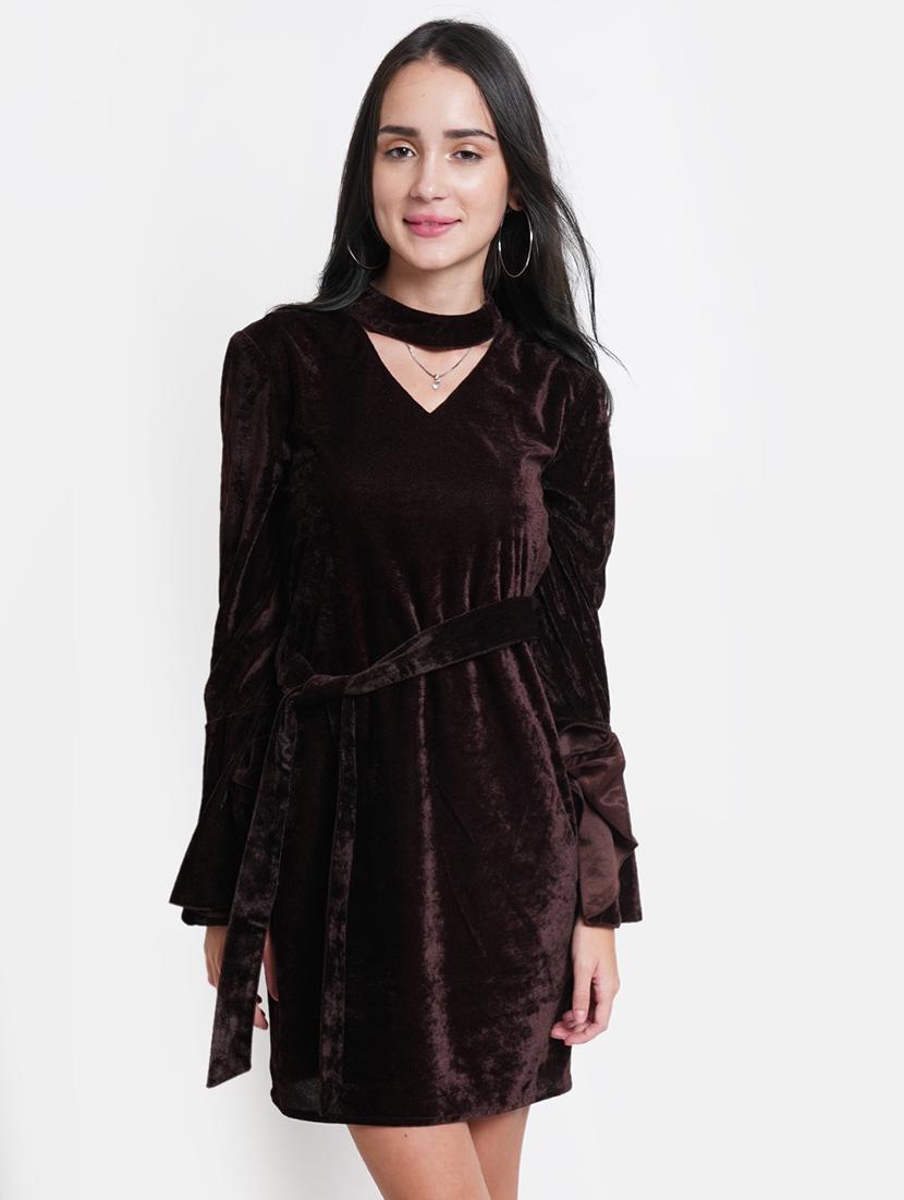 women solid chocker neck bell sleeves sheath dress - 21725862 -  Zoom Image - 0