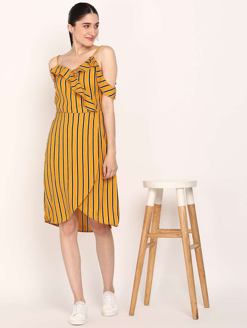 women striped shoulder strap high low dress
