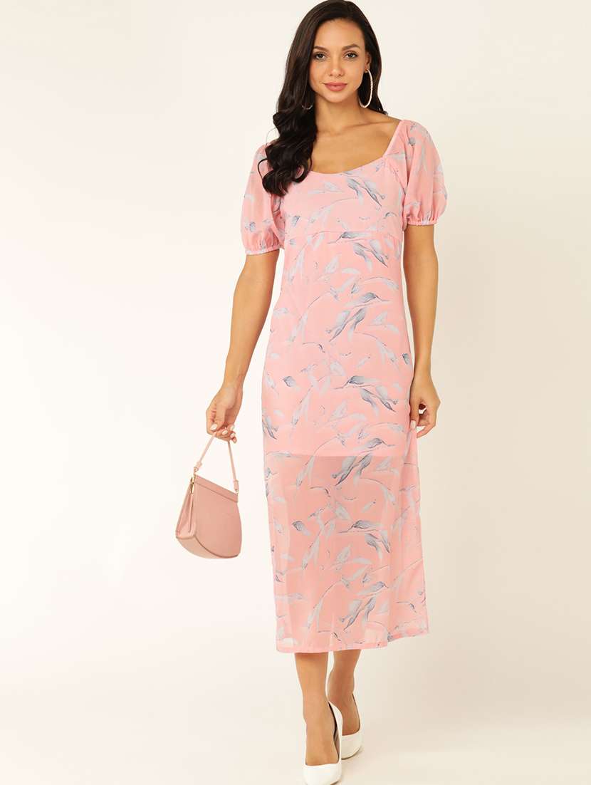 women printed puff sleeves a-line dress