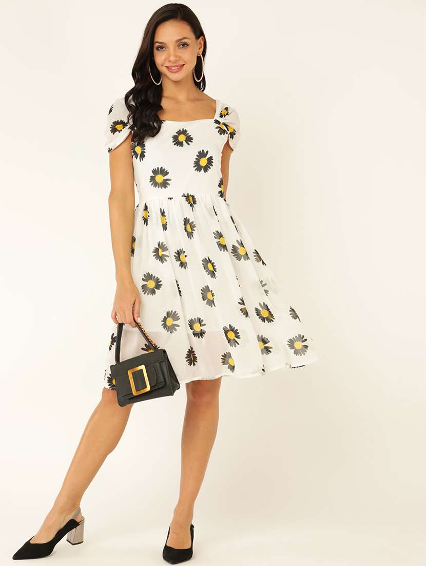 women floral print cap sleeves fit & flare dress
