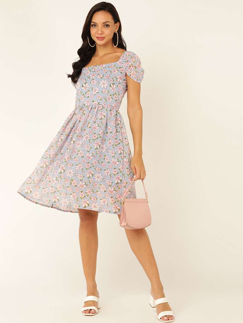 women floral print cap sleeves fit & flare dress