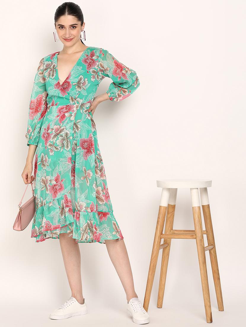 women floral print puff sleeves wrap dress - 21725921 -  Zoom Image - 0
