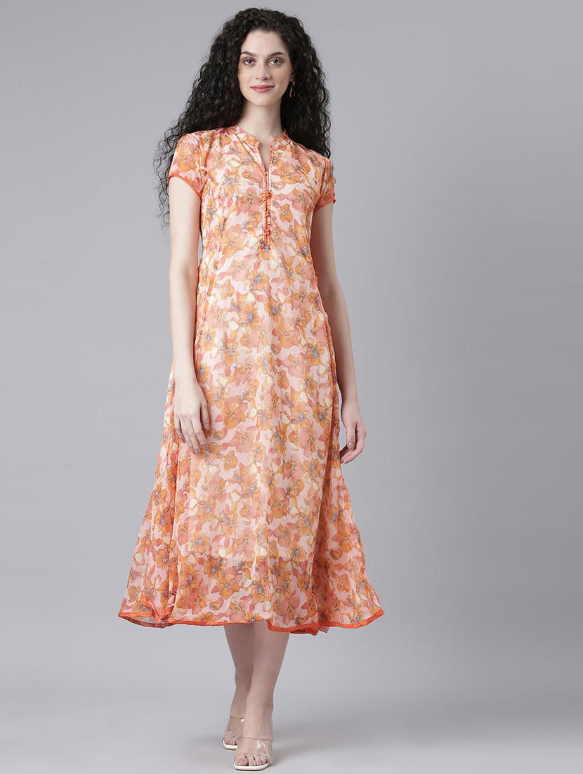 women floral print mandarin neck fit & flared dress - 21727984 - Zoom Image - 0