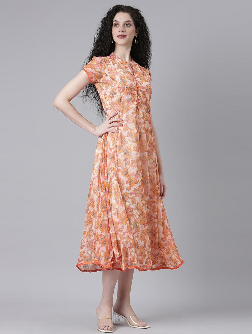 women floral print mandarin neck fit & flared dress - 21727984 - Standard Image - 3