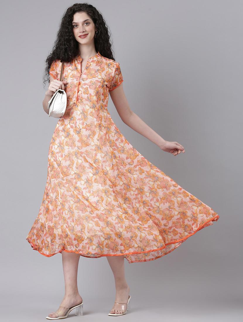 women floral print mandarin neck fit & flared dress - 21727984 - Standard Image - 5