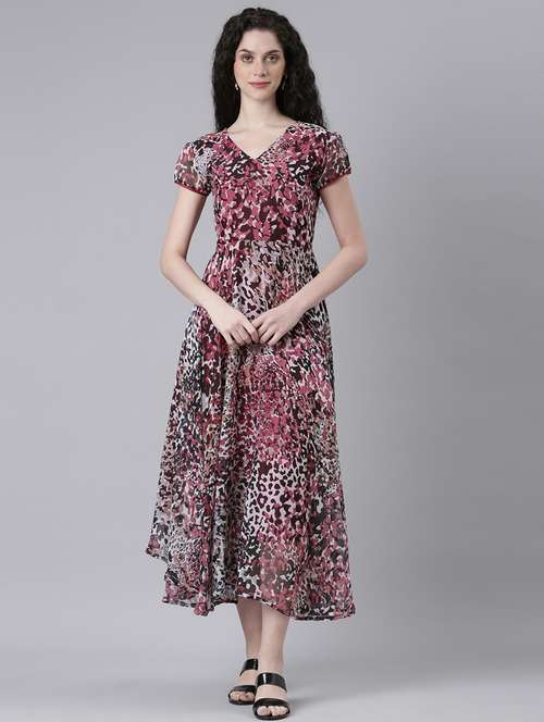 women printed short sleeves fit & flared dress - 21727985 - Standard Image - 0