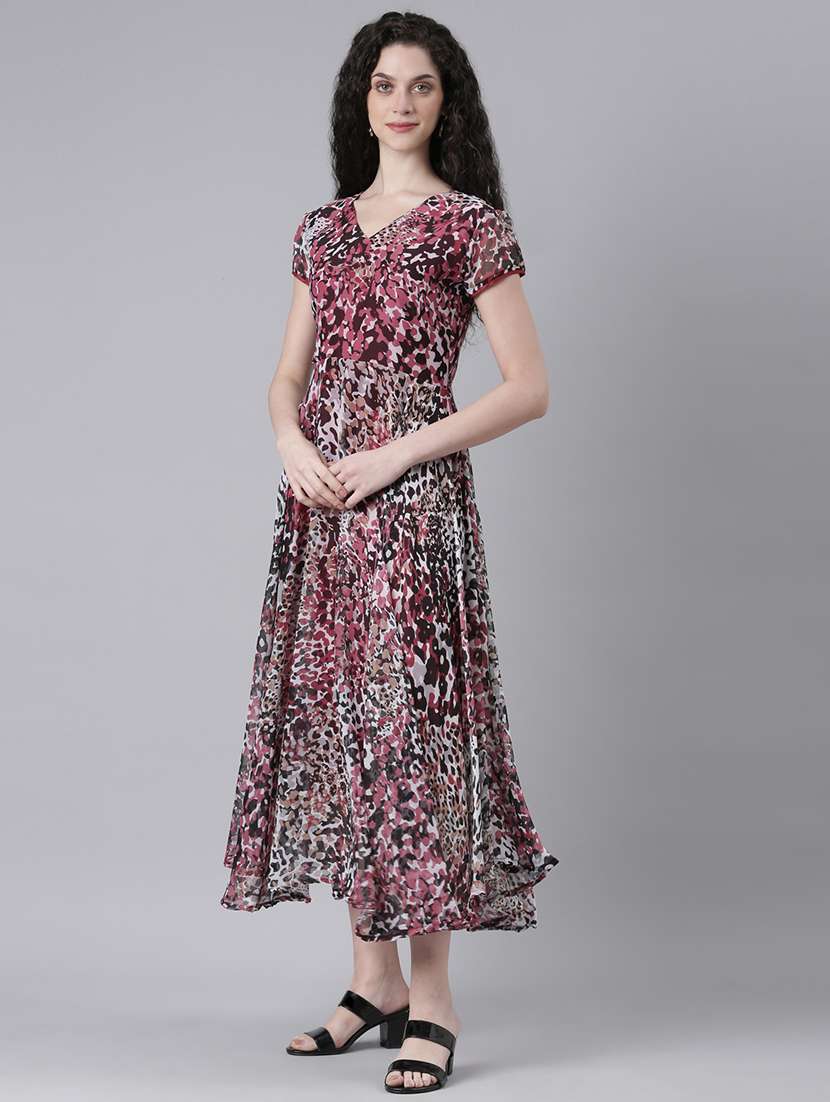 women printed short sleeves fit & flared dress - 21727985 - Standard Image - 3