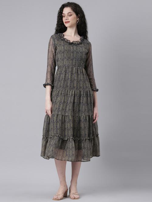 women printed round neck tiered dress - 21727989 - Standard Image - 0