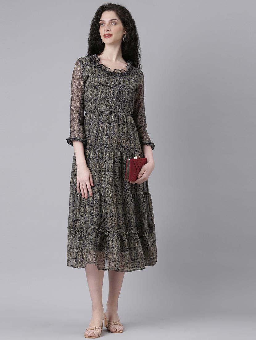 women printed round neck tiered dress - 21727989 - Standard Image - 5