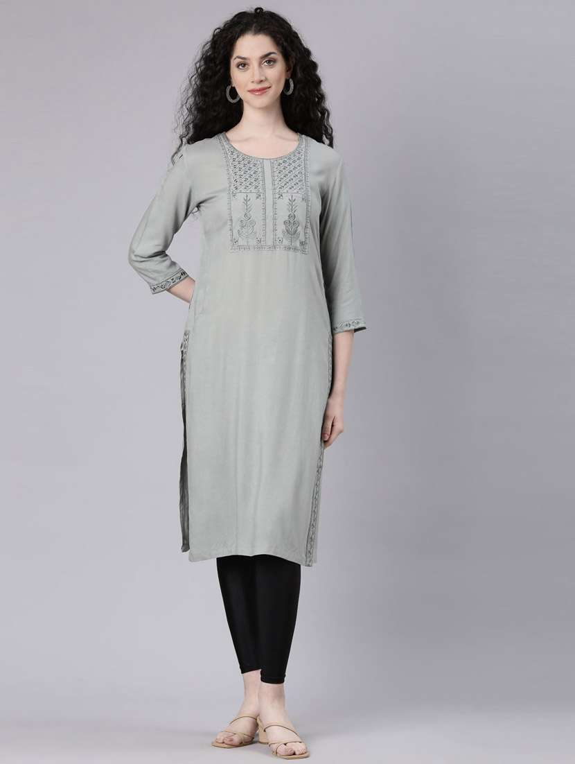 women grey three quarter sleeve straight kurta