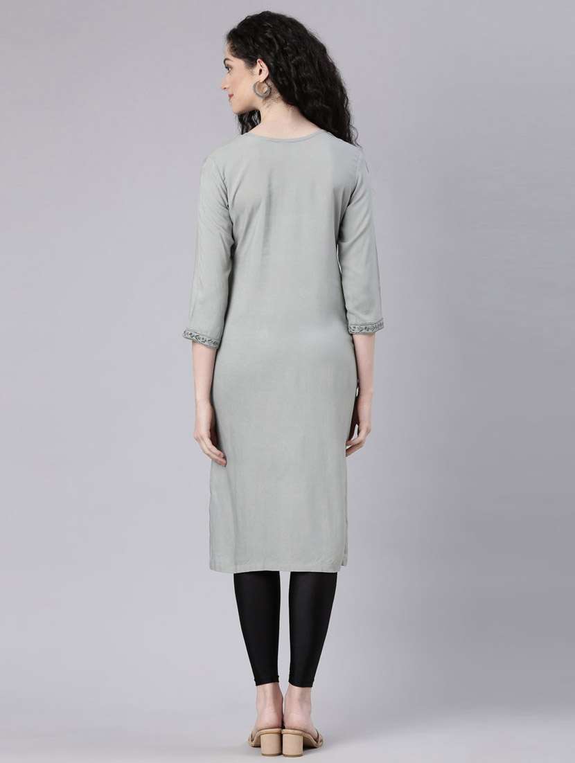 women grey three quarter sleeve straight kurta - 21728028 -  Standard Image - 3