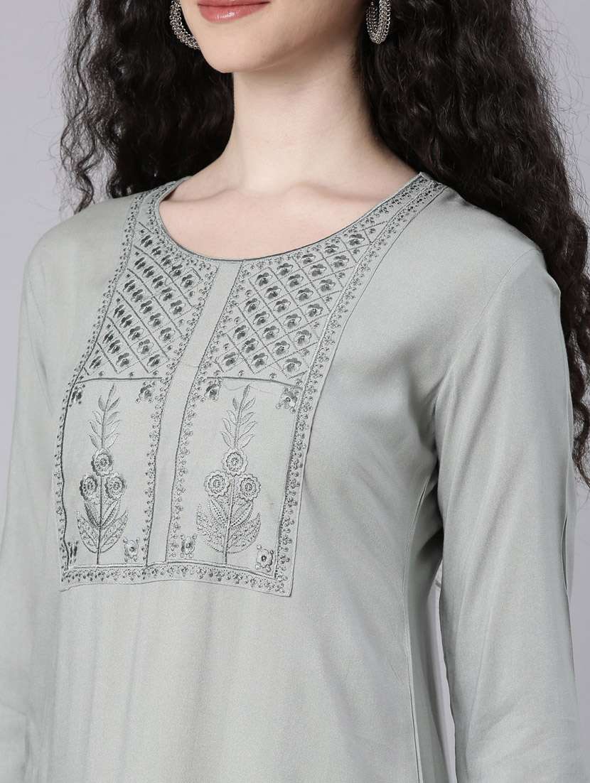 women grey three quarter sleeve straight kurta - 21728028 -  Standard Image - 5