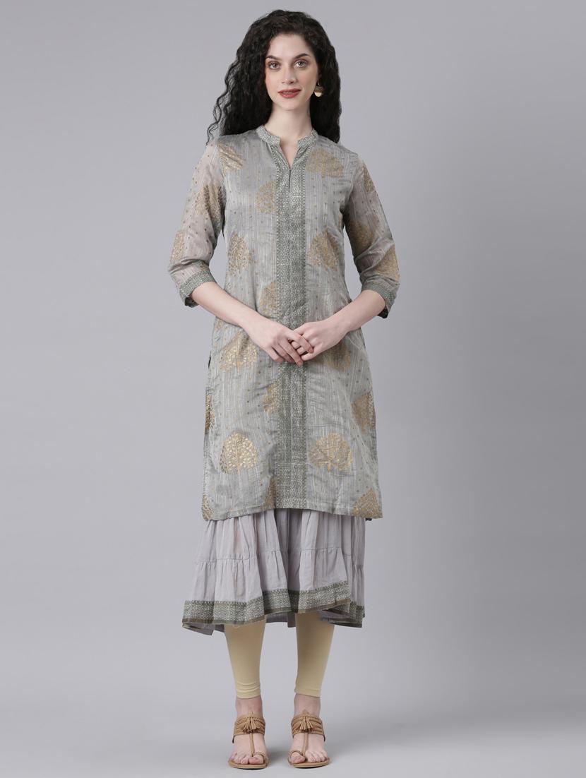 women grey printed three quarter sleeve layered kurta - 21728030 -  Zoom Image - 0