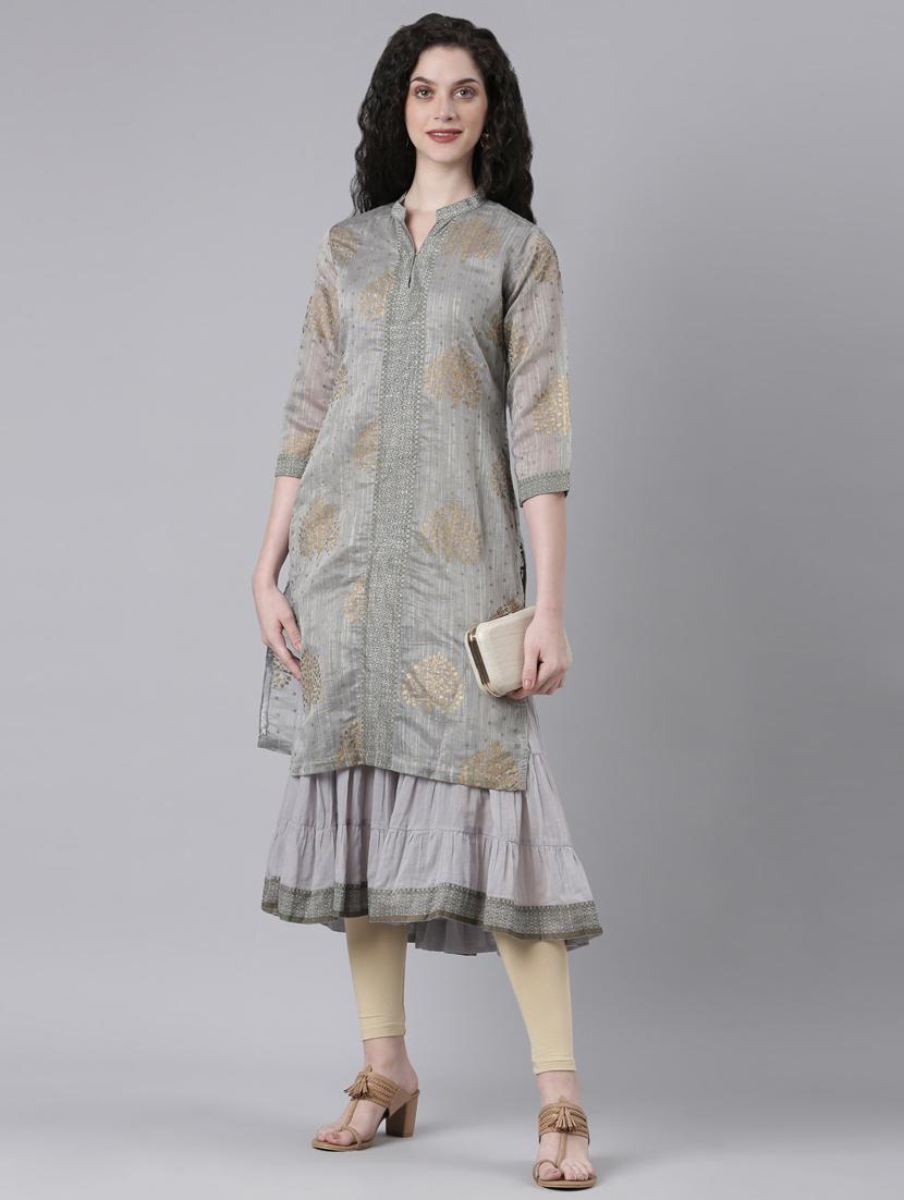 women grey printed three quarter sleeve layered kurta - 21728030 - Standard Image - 3