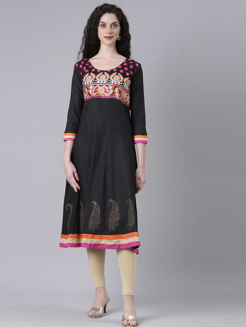women black embroidered round neck anarkali kurta