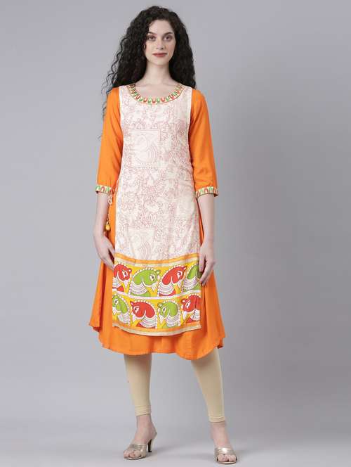 women orange printed three quarter sleeve layered kurta - 21728032 -  Standard Image - 0