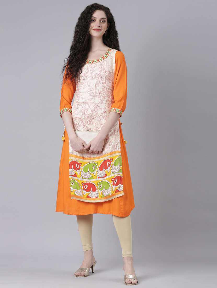 women orange printed three quarter sleeve layered kurta - 21728032 -  Standard Image - 3