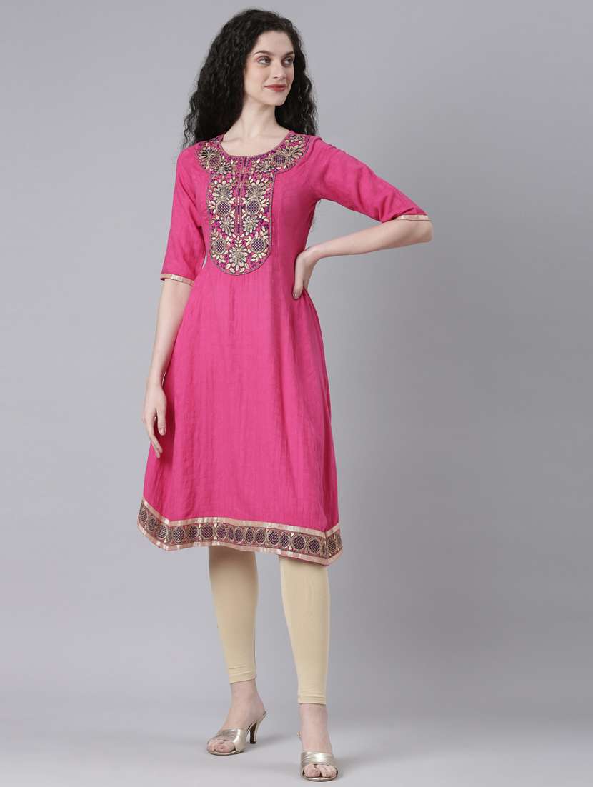 women pink embroidered round neck a-line kurta