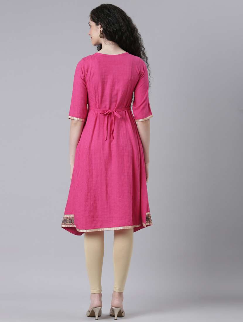women pink embroidered round neck a-line kurta - 21728033 -  Standard Image - 3