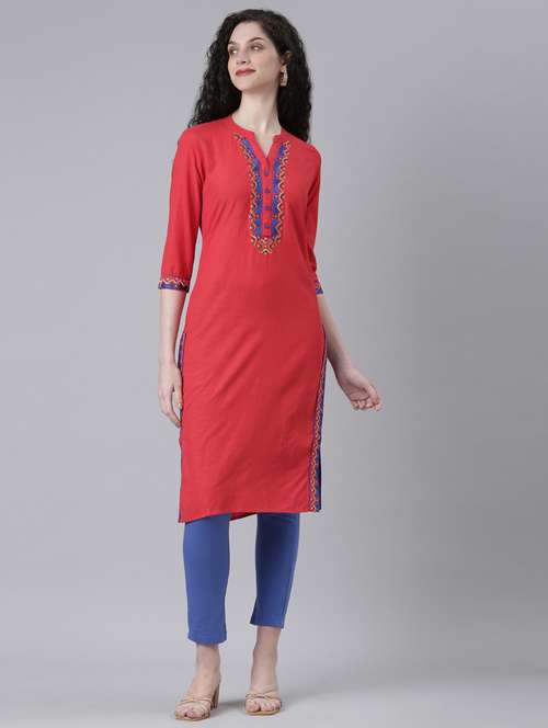 women red three quarter sleeve straight kurta - 21728035 -  Standard Image - 0
