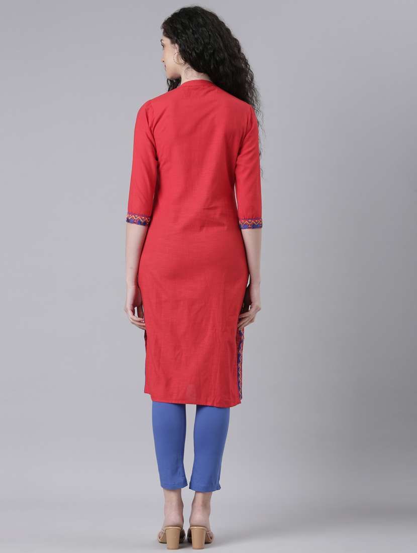 women red three quarter sleeve straight kurta - 21728035 -  Standard Image - 3