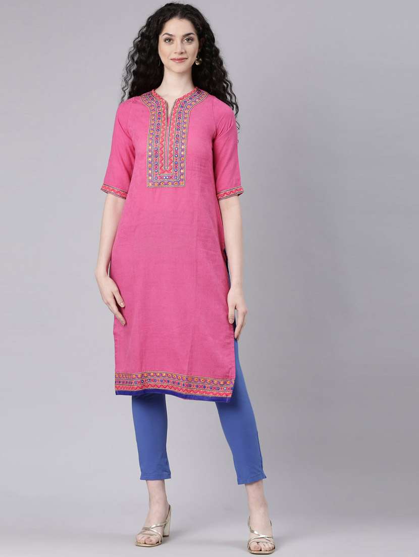 women pink three quarter sleeve straight kurta