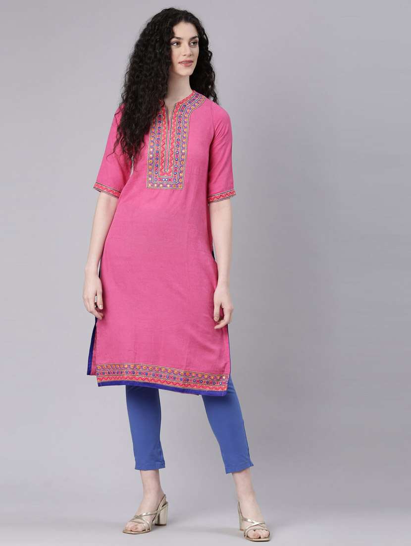 women pink three quarter sleeve straight kurta - 21728036 -  Standard Image - 3