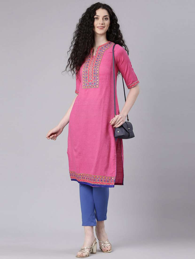 women pink three quarter sleeve straight kurta - 21728036 -  Standard Image - 5