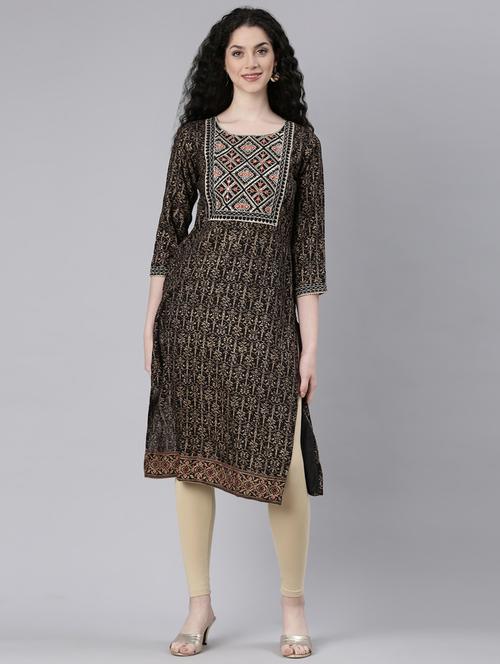 women black three quarter sleeve straight kurta - 21728038 - Standard Image - 0