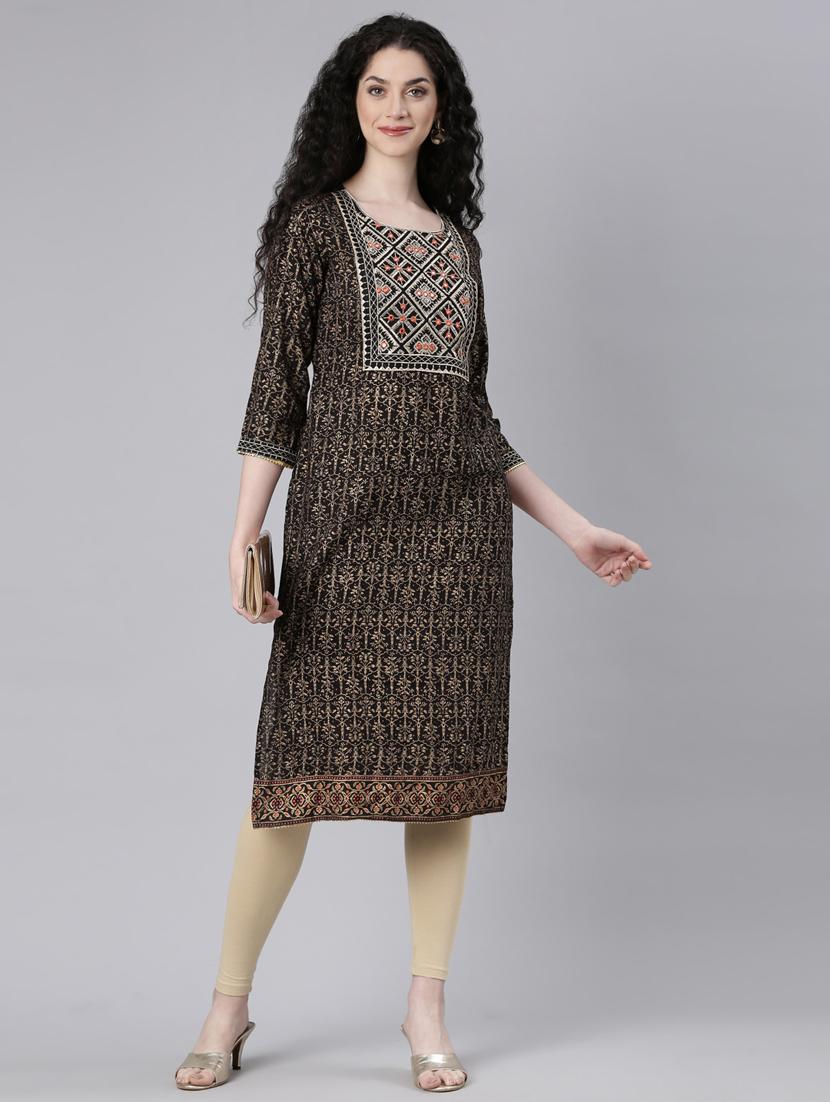 women black three quarter sleeve straight kurta - 21728038 - Standard Image - 3