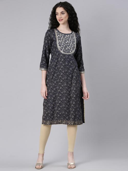 women embroidered three quarter sleeve straight kurta - 21728039 -  Standard Image - 0