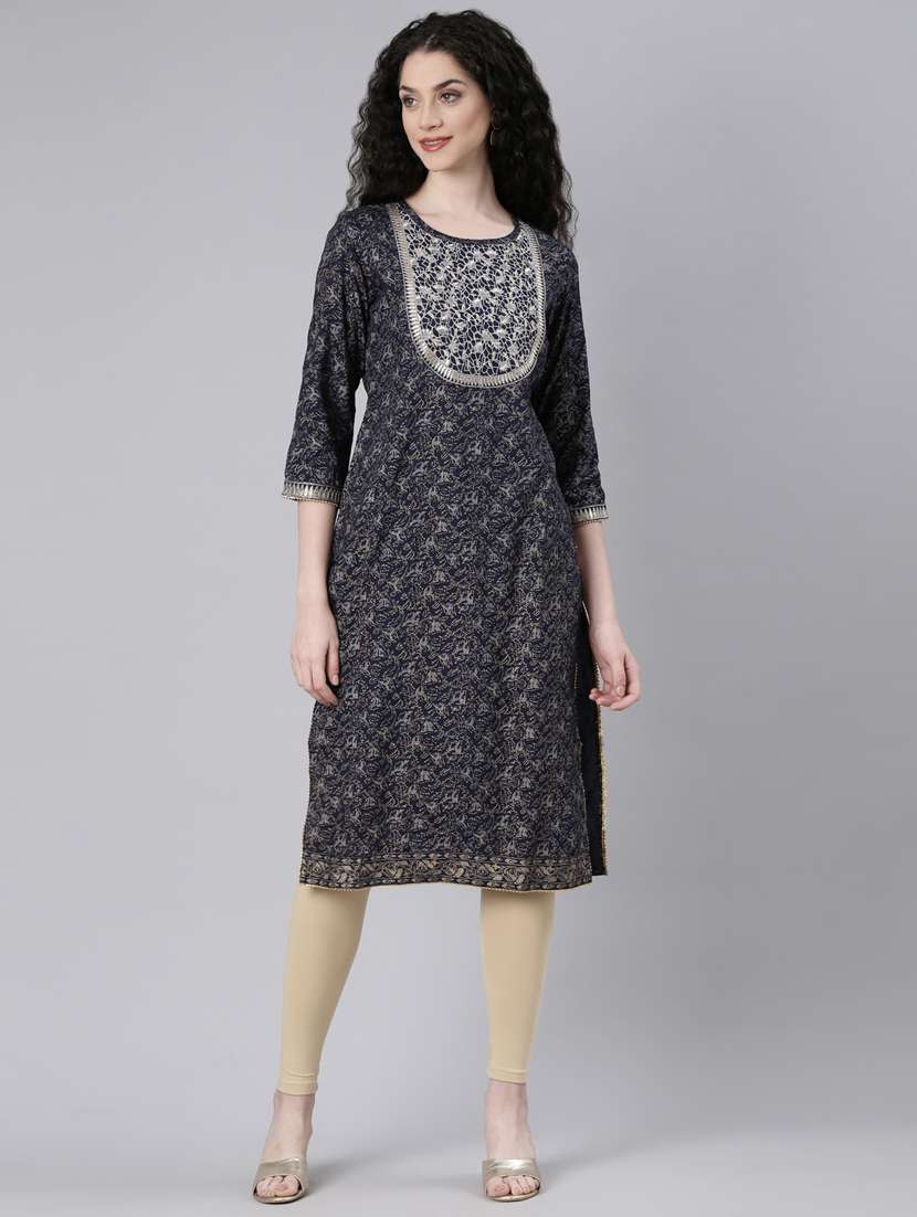 women embroidered three quarter sleeve straight kurta - 21728039 -  Zoom Image - 0