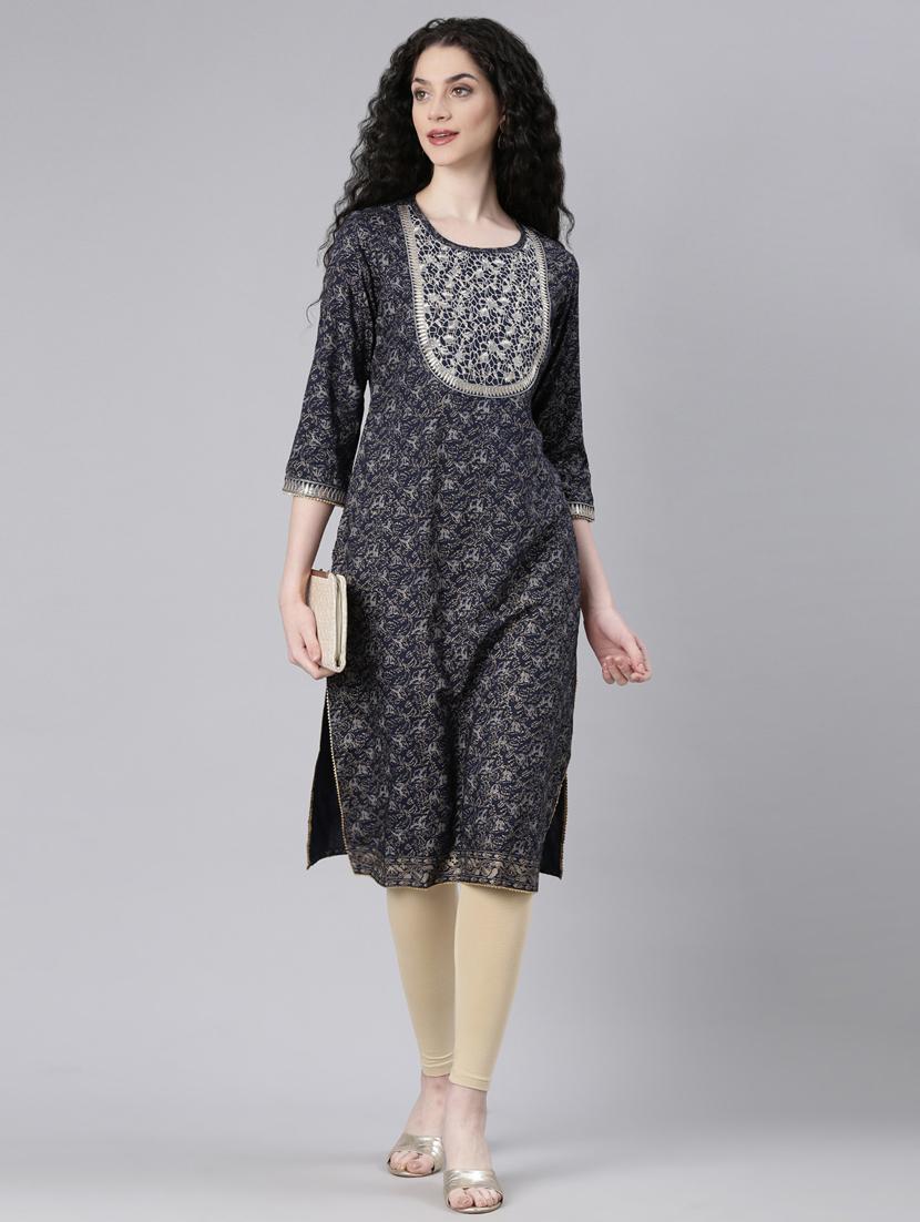 women embroidered three quarter sleeve straight kurta - 21728039 - Standard Image - 3