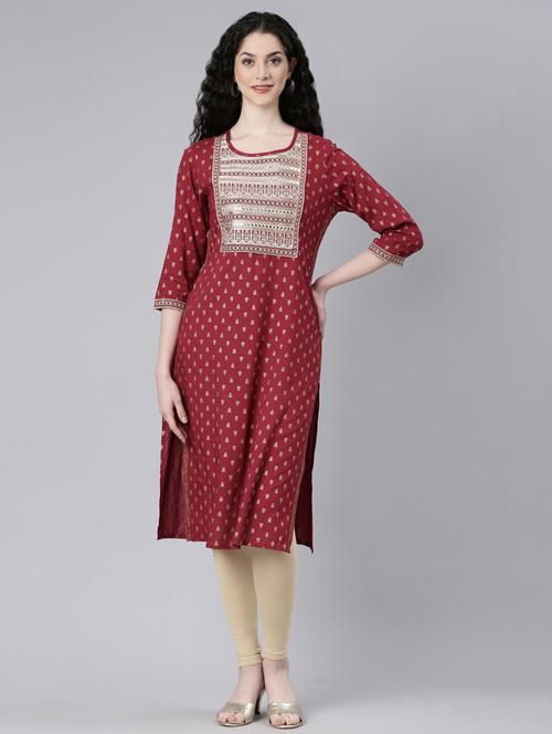 women maroon three quarter sleeve straight kurta - 21728040 - Standard Image - 0