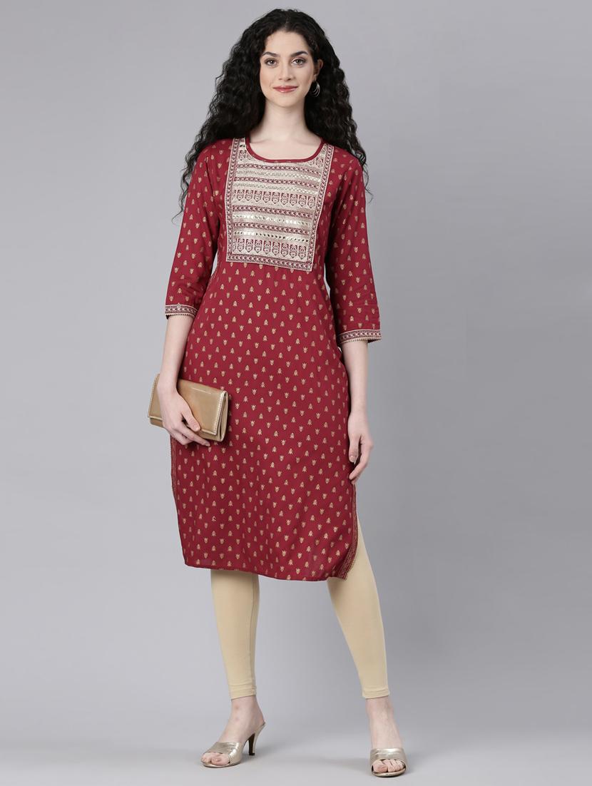 women maroon three quarter sleeve straight kurta - 21728040 - Standard Image - 3
