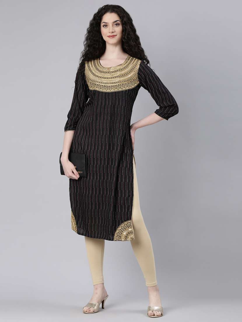 women black three quarter sleeve straight kurta - 21728041 -  Standard Image - 3