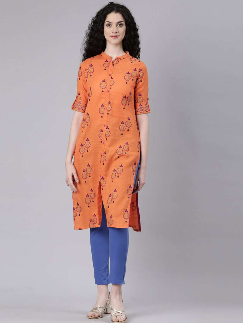 women orange printed three quarter sleeve straight kurta