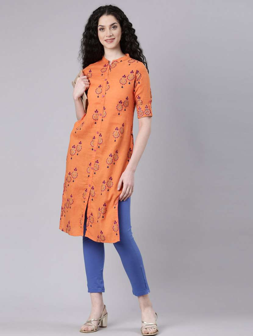 women orange printed three quarter sleeve straight kurta - 21728043 -  Standard Image - 3