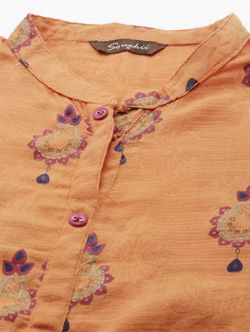 women orange printed three quarter sleeve straight kurta - 21728043 -  Standard Image - 8
