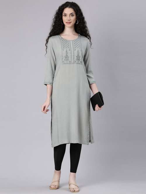 women embroidered three quarter sleeve straight kurta - 21728044 -  Standard Image - 0