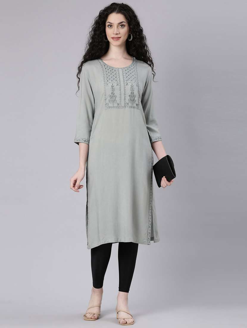 women embroidered three quarter sleeve straight kurta